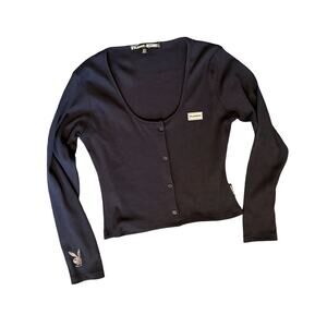 Playboy x Missguided Top Size 10 Blue Long Sleeve Ribbed Crop Top Y2K Sexy Logo